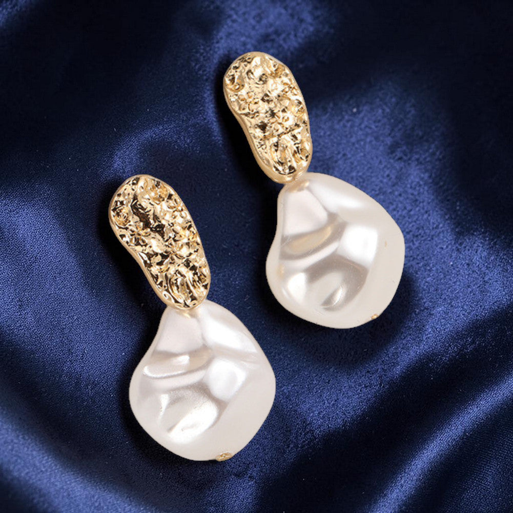 Gold Hammered & Pearl Drop Earrings