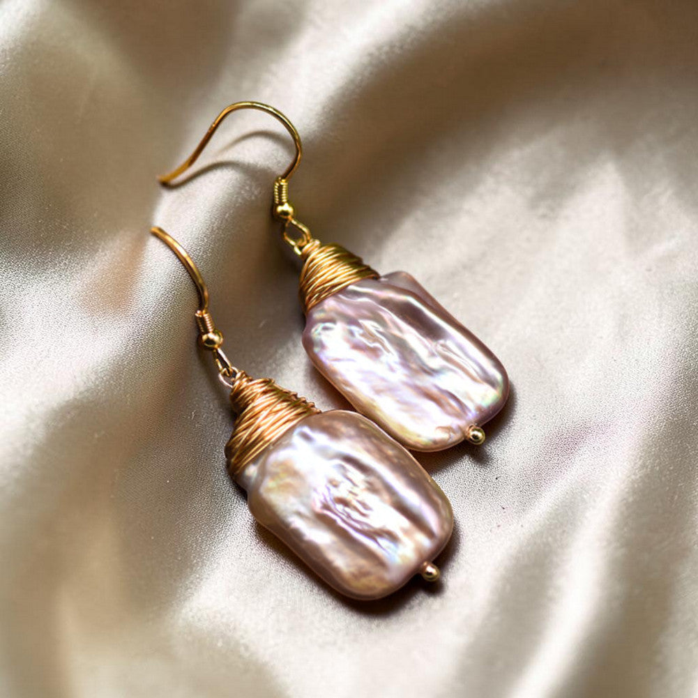 Gold Wire-Wrapped Pearl Drop Earrings
