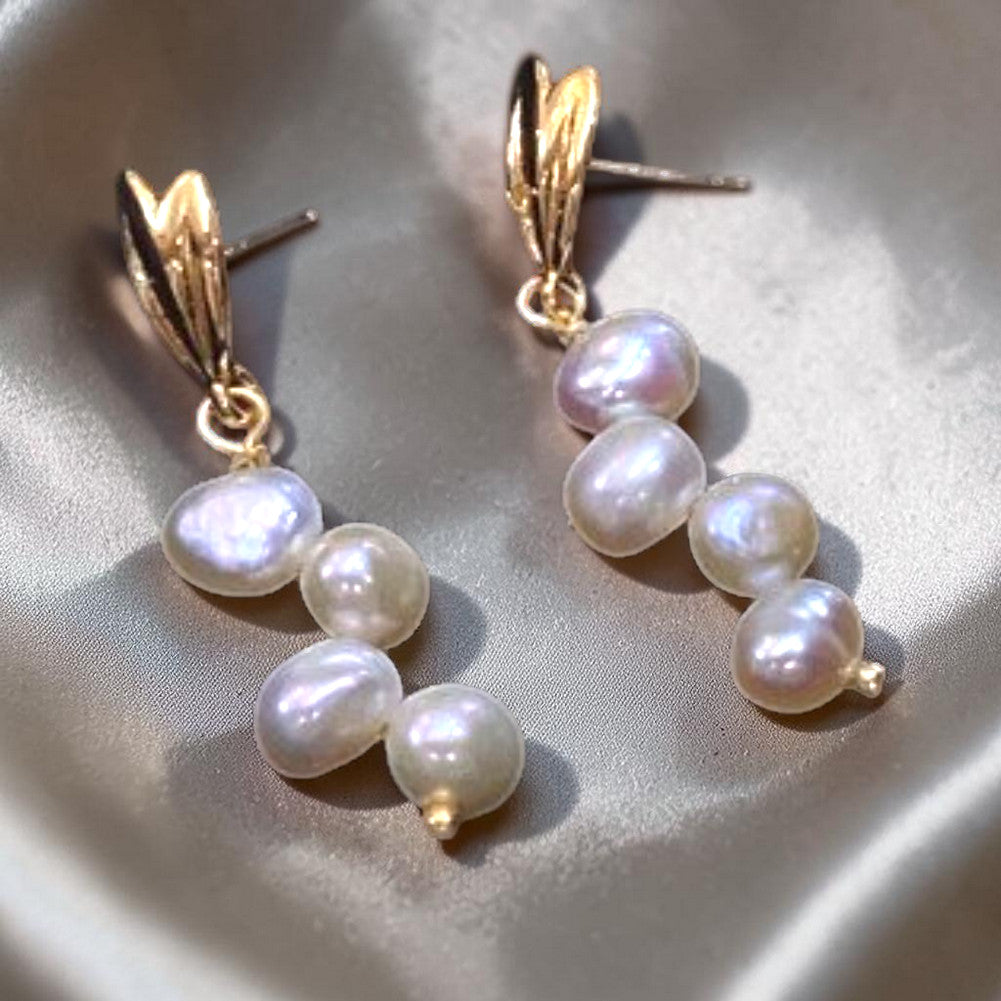 Gold Leaf & Pearl Long Drop Earrings