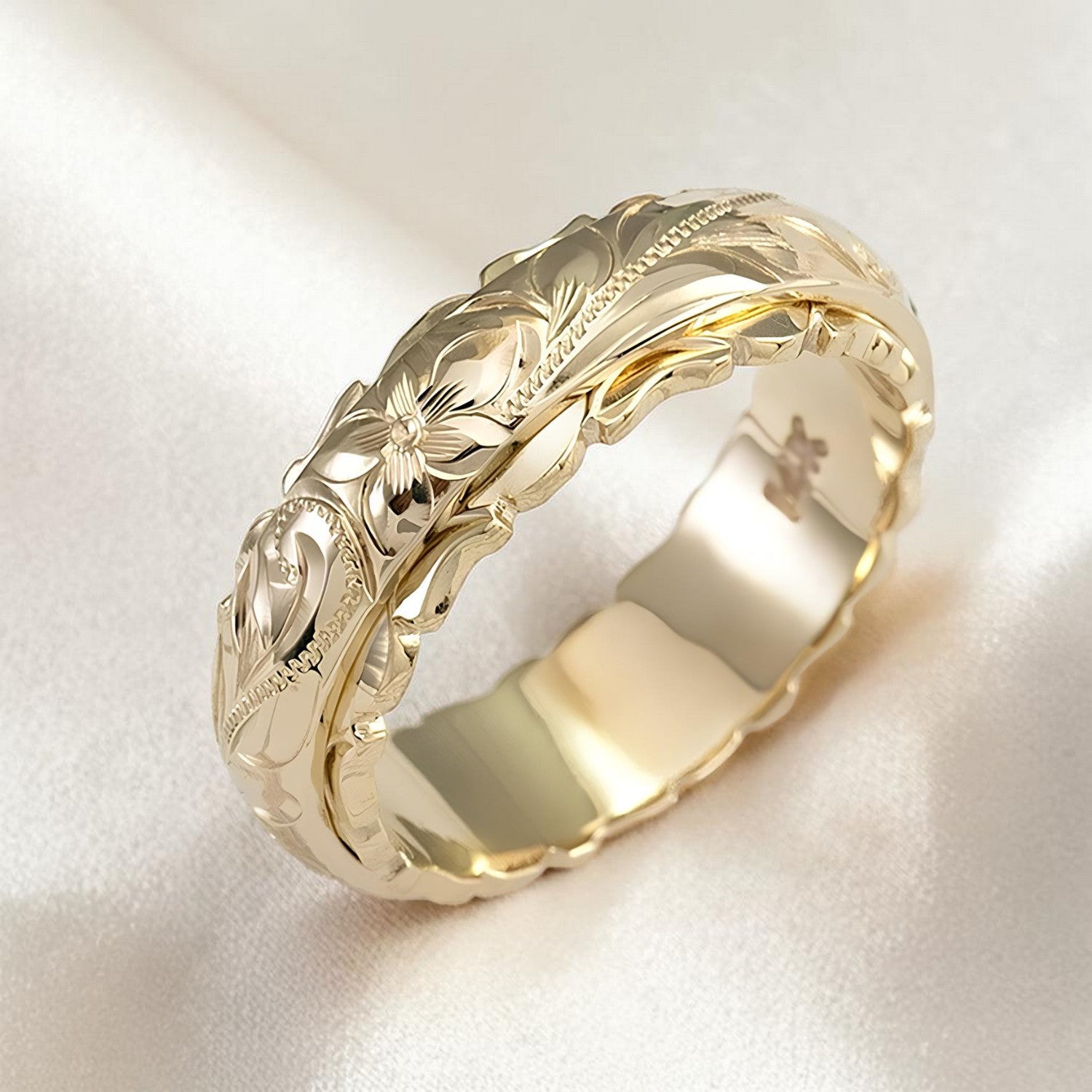 Gold Floral Engraved Band Ring