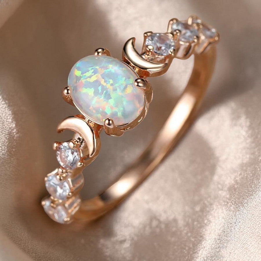 Rose Gold Opal & Moon Ring